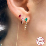 Emerald Zircon Hoop Earrings 925 Sterling Silver Ear Studs Jewelry