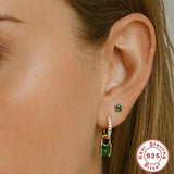 Emerald Zircon Hoop Earrings 925 Sterling Silver Ear Studs Jewelry