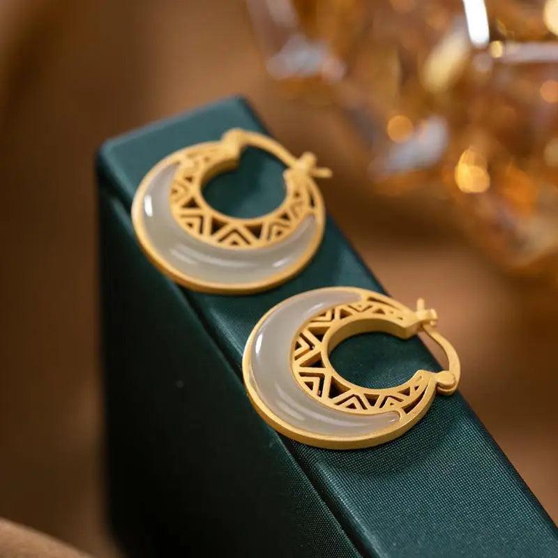 Hollow Hetian Jade Moon Earrings with Silver Jewelry