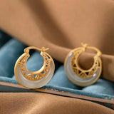 Hollow Hetian Jade Moon Earrings with Silver Jewelry