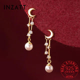 925 Silver Zircon Pearl Tassel Moon Earrings Women
