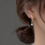 925 Silver Zircon Pearl Tassel Moon Earrings Women