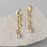 925 Silver Zircon Pearl Tassel Moon Earrings Women