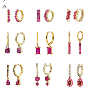 925 Silver Hoop Earrings Red Crystal Pendant High Women's Jewelry