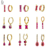 925 Silver Hoop Earrings Red Crystal Pendant High Women's Jewelry