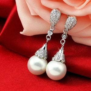 Clear Crystal Long Pearls Drop Earrings Teardrop Bridal Wedding Jewelry