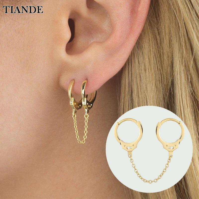 Silver Plated Hoop Earrings with Tassel Chain Women's Handcuffs