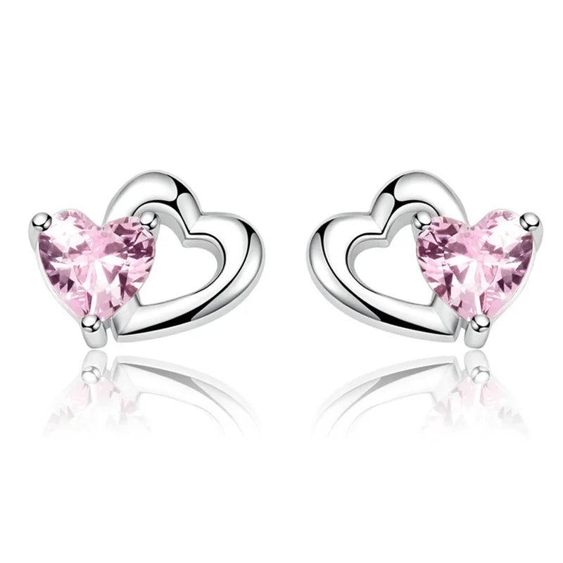 925 Silver Double Heart Pink CZ Stud Earrings Women Fine Jewelry
