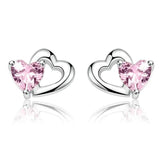 925 Silver Double Heart Pink CZ Stud Earrings Women Fine Jewelry