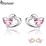 925 Silver Double Heart Pink CZ Stud Earrings Women Fine Jewelry