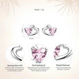 925 Silver Double Heart Pink CZ Stud Earrings Women Fine Jewelry