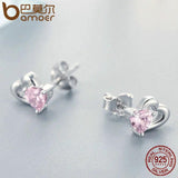 925 Silver Double Heart Pink CZ Stud Earrings Women Fine Jewelry