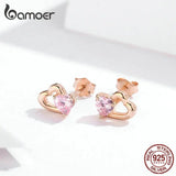 925 Silver Double Heart Pink CZ Stud Earrings Women Fine Jewelry