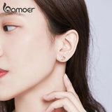 925 Silver Double Heart Pink CZ Stud Earrings Women Fine Jewelry