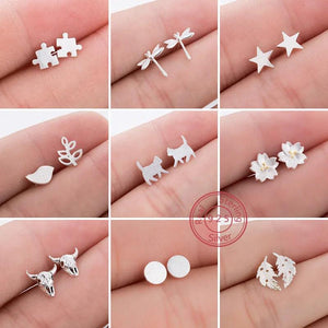 S925 Silver Leaf Dragonfly Puzzle Ear Studs for Women Kids