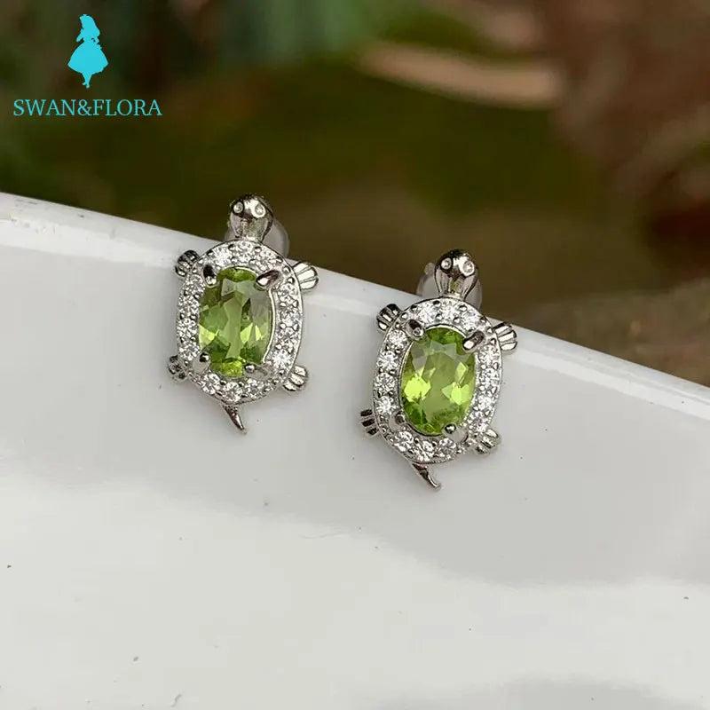 Natural Peridot Sterling Silver Stud Earrings Turtle Women Jewelry Gift