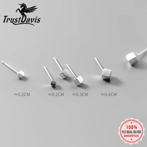 Real 925 Sterling Silver Geometric Squares Stud Earrings For Women