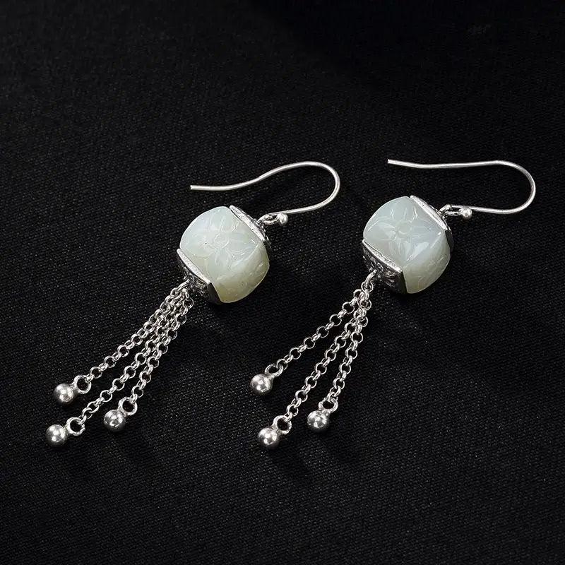 Hetian Jade Tassel Earrings for Women Silver Jewelry