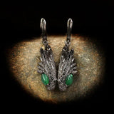 Vintage Feather Drop Earrings Green Zircon 925 Silver Jewelry