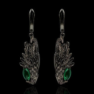 Vintage Feather Drop Earrings Green Zircon 925 Silver Jewelry