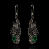 Vintage Feather Drop Earrings Green Zircon 925 Silver Jewelry