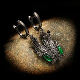 Vintage Feather Drop Earrings Green Zircon 925 Silver Jewelry