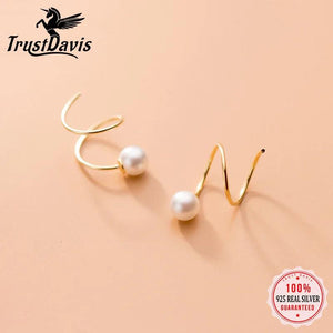 Trustdavis 925 Silver 5mm Pearl Ear Buckle Ring Double Ring Earrings