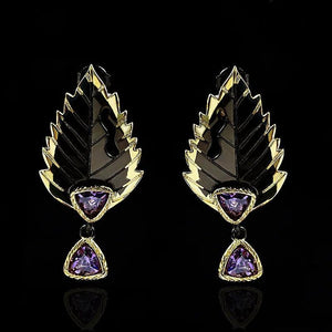 Purple Zircon 925 Silver Leaf Feather Pendant Earrings