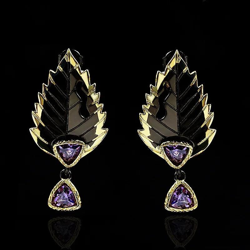 Purple Zircon 925 Silver Leaf Feather Pendant Earrings