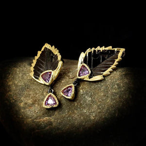 Purple Zircon 925 Silver Leaf Feather Pendant Earrings