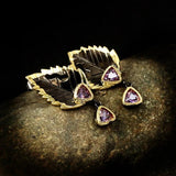 Purple Zircon 925 Silver Leaf Feather Pendant Earrings