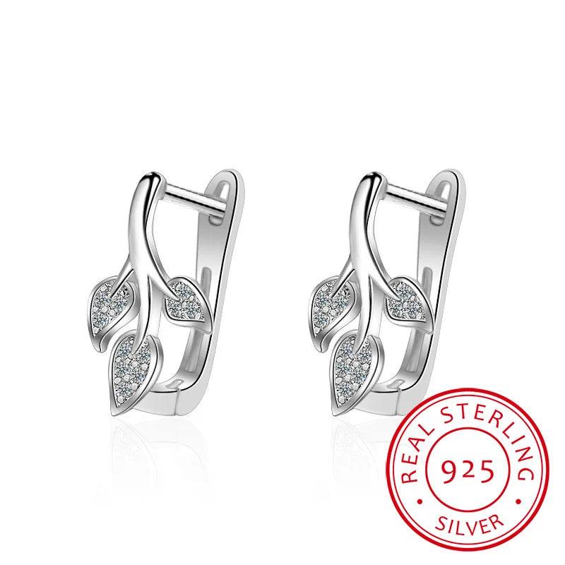 925 Silver Stud Earring Sweet Crystal Leaf Earring Women Korea Lady Jewelry