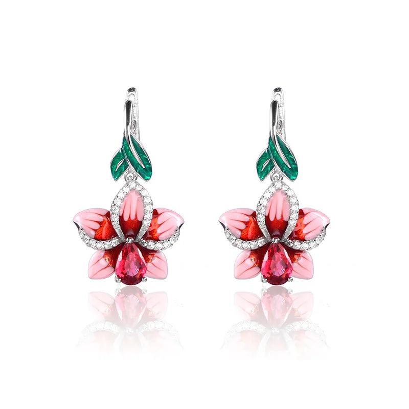 Pink Enamel Flower Small Earrings French Hook Women's Earrings