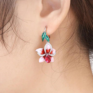 Pink Enamel Flower Small Earrings French Hook Women's Earrings