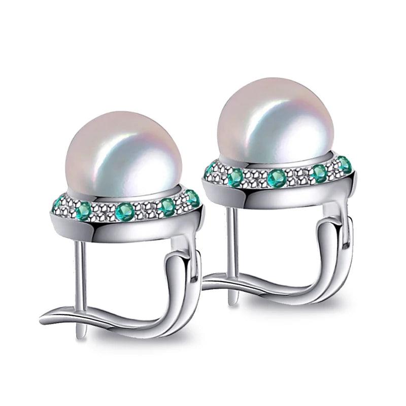 925 Silver Freshwater Pearl Earrings Green Crystal Studs