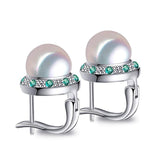 925 Silver Freshwater Pearl Earrings Green Crystal Studs
