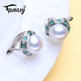 925 Silver Freshwater Pearl Earrings Green Crystal Studs