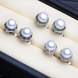 925 Silver Freshwater Pearl Earrings Green Crystal Studs
