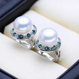 925 Silver Freshwater Pearl Earrings Green Crystal Studs