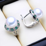 925 Silver Freshwater Pearl Earrings Green Crystal Studs