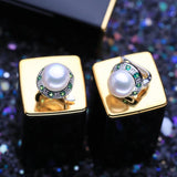 925 Silver Freshwater Pearl Earrings Green Crystal Studs