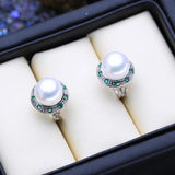 925 Silver Freshwater Pearl Earrings Green Crystal Studs