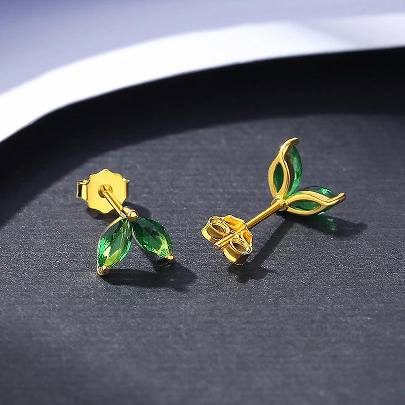 925 Silver Mini Crystal Leaf Stud Earrings Green Zircon Tiny Girls Jewelry