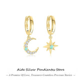 Star Moon CZ Opal Drop 925 Sterling Silver Annivasary Gift Earrings For Women