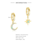Star Moon CZ Opal Drop 925 Sterling Silver Annivasary Gift Earrings For Women