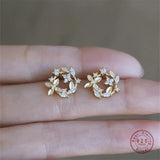 925 Silver Plating 14k Crystal Wreath Stud Earrings