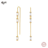 925 Silver Rectangle Zircon Tassel Earrings For Women
