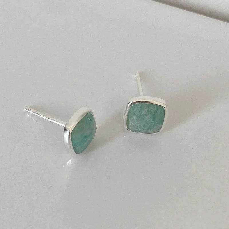 Amazonite Square Stud Earrings - Sterling Silver
