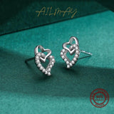 925 Silver CZ Two Hearts Stud Earrings Women Statement Jewelry Gift