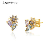 925 Silver SunFlower Oval Stud Earring Purple Champagne Piercing Jewelry